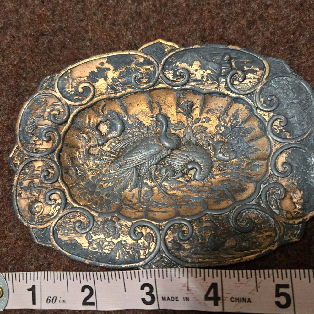 Antique Copper Overlay Dish Asian-influenced Design Patina - Picture 2 of 5